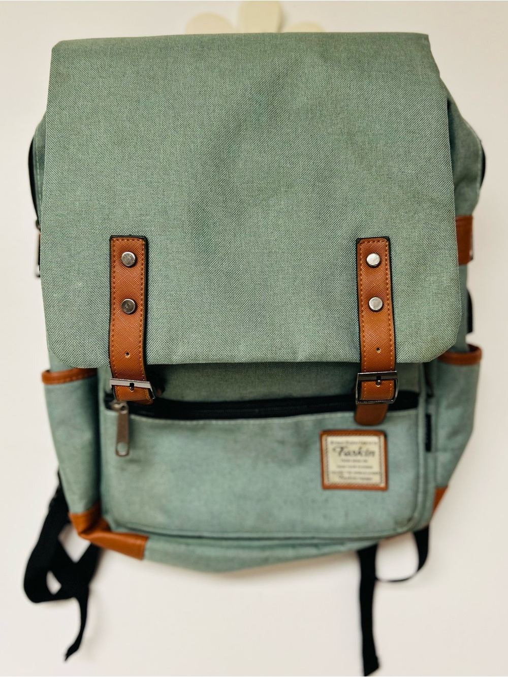 Feskin Men's Sage Green Canvas Backpack with Brown Accents
